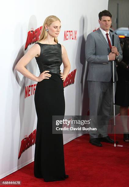 Deborah Ann Woll and E.J. Scott attend the premiere of Netflix's "Marvel's Daredevil" at Regal Cinemas L.A. Live on April 2, 2015 in Los Angeles,...