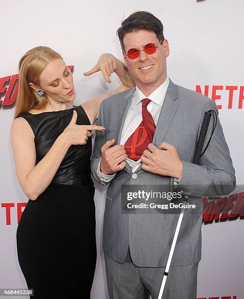 Actress Deborah Ann Woll and E.J. Scott arrive at the premiere Of Netflix's "Marvel's Daredevil" at Regal Cinemas L.A. Live on April 2, 2015 in Los...