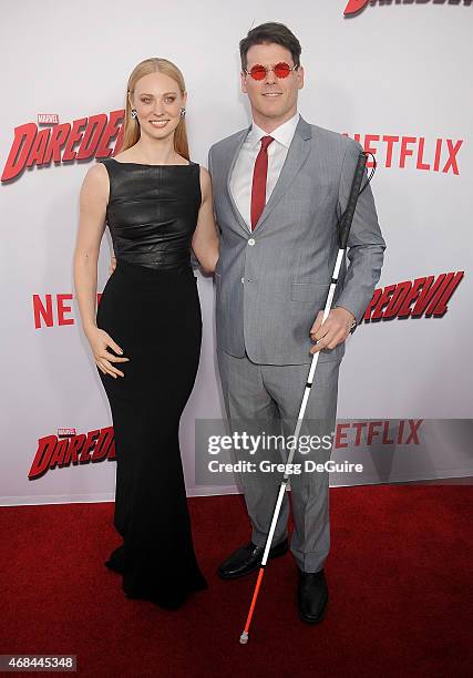 Actress Deborah Ann Woll and E.J. Scott arrive at the premiere Of Netflix's "Marvel's Daredevil" at Regal Cinemas L.A. Live on April 2, 2015 in Los...