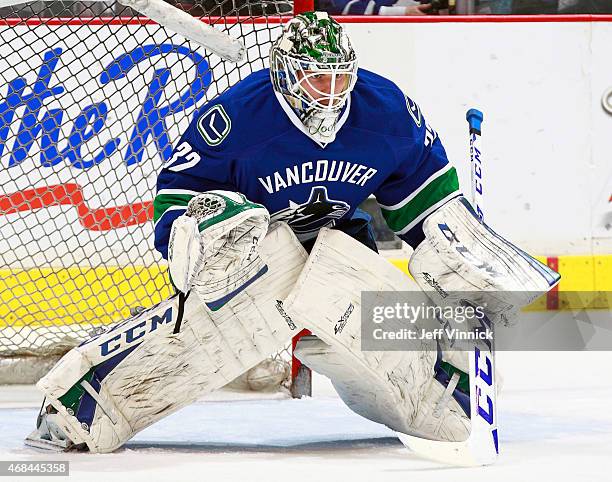 Joacim Eriksson of the Vancouver Canucks looks on from his crease during their NHL game against the Toronto Maple Leafs at Rogers Arena March 14,...