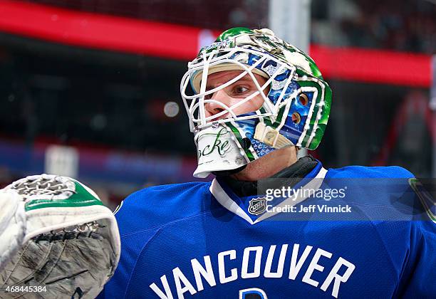 Joacim Eriksson of the Vancouver Canucks looks on from his crease during their NHL game against the Toronto Maple Leafs at Rogers Arena March 14,...