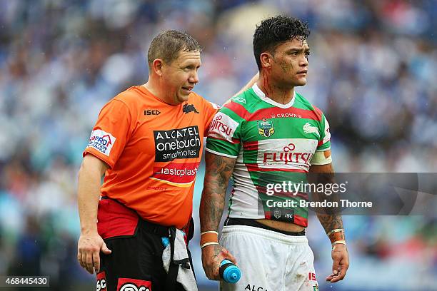 Isaac Luke of the Rabbitohs leaves the field after sustaining a head knock during the round five NRL match between the Canterbury Bulldogs and the...