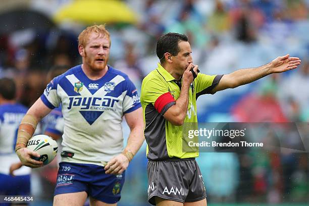 James Graham of the Bulldogs reacts after referee, Gerard Sutton awards a penalty try during the round five NRL match between the Canterbury Bulldogs...