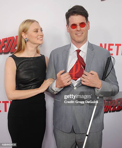 Actress Deborah Ann Woll and E.J. Scott arrive at the premiere Of Netflix's "Marvel's Daredevil" at Regal Cinemas L.A. Live on April 2, 2015 in Los...