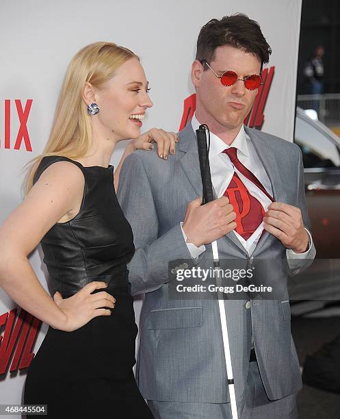 Actress Deborah Ann Woll and E.J. Scott arrive at the premiere Of Netflix's "Marvel's Daredevil" at Regal Cinemas L.A. Live on April 2, 2015 in Los...