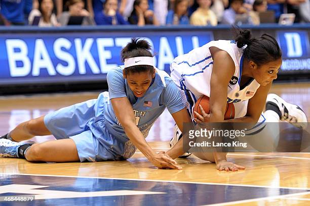Hillary Summers of the North Carolina Tar Heels and Richa Jackson of the Duke Blue Devils battle for a loose ball at Cameron Indoor Stadium on...