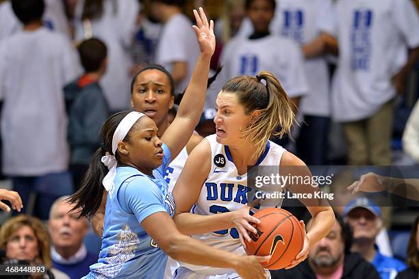 Haley Peters of the Duke Blue Devils controls the ball against Brittany Rountree of the North Carolina Tar Heels at Cameron Indoor Stadium on...