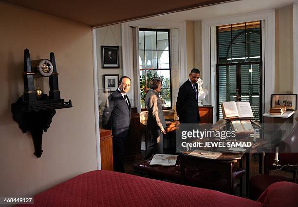 President Barack Obama and his French counterpart Francois Hollande, with President of Thomas Jefferson Foundation Leslie Greene Bowman , tour the...