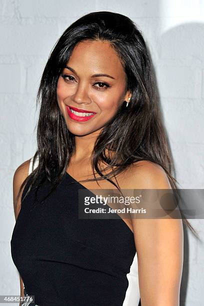 Actress Zoe Saldana arrives at Samsung celebrates the launch of Galaxy S 6 and Galaxy S 6 edge at Quixote Studios on April 2, 2015 in Los Angeles,...