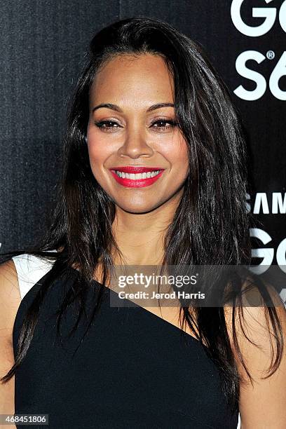 Actress Zoe Saldana arrives at Samsung celebrates the launch of Galaxy S 6 and Galaxy S 6 edge at Quixote Studios on April 2, 2015 in Los Angeles,...