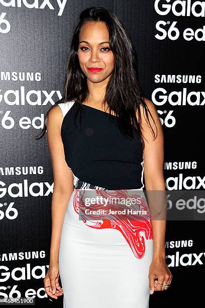 Actress Zoe Saldana arrives at Samsung celebrates the launch of Galaxy S 6 and Galaxy S 6 edge at Quixote Studios on April 2, 2015 in Los Angeles,...