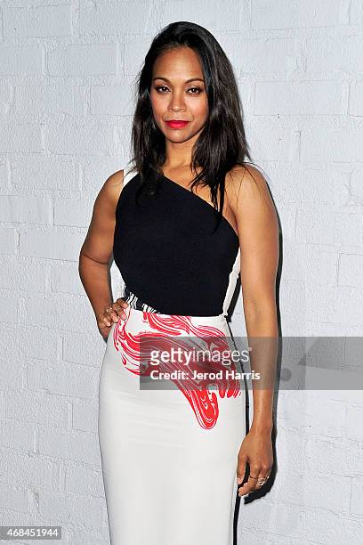 Actress Zoe Saldana arrives at Samsung celebrates the launch of Galaxy S 6 and Galaxy S 6 edge at Quixote Studios on April 2, 2015 in Los Angeles,...