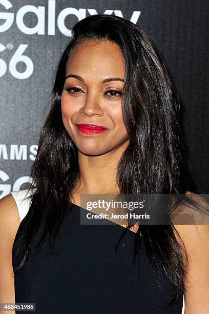 Actress Zoe Saldana arrives at Samsung celebrates the launch of Galaxy S 6 and Galaxy S 6 edge at Quixote Studios on April 2, 2015 in Los Angeles,...