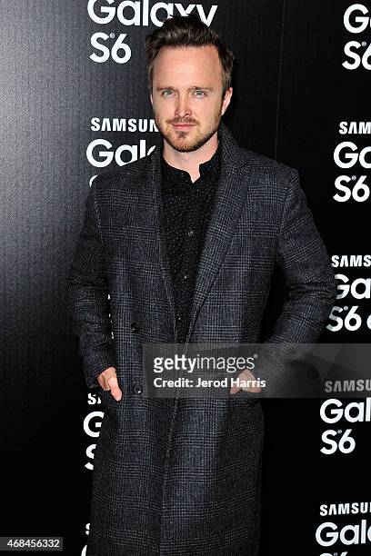 Aaron Paul arrives at Samsung celebrates the launch of Galaxy S 6 and Galaxy S 6 edge at Quixote Studios on April 2, 2015 in Los Angeles, California.
