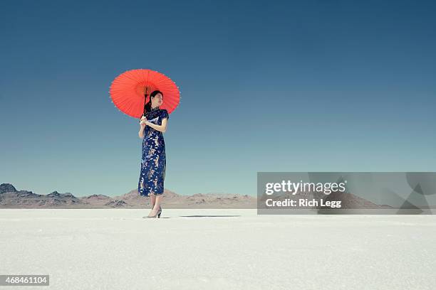 asian woman on salt flats - cheongsam stockfoto's en -beelden