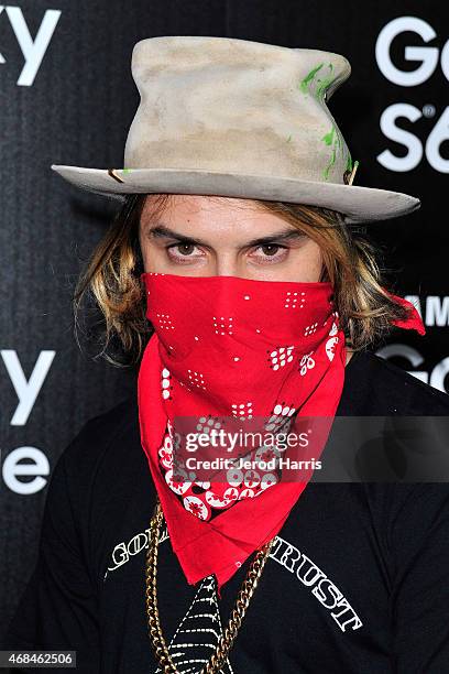 Alec Monopoly arrives at Samsung celebrates the launch of Galaxy S 6 and Galaxy S 6 edge at Quixote Studios on April 2, 2015 in Los Angeles,...