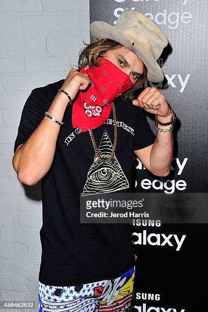 Alec Monopoly arrives at Samsung celebrates the launch of Galaxy S 6 and Galaxy S 6 edge at Quixote Studios on April 2, 2015 in Los Angeles,...
