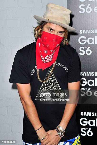Alec Monopoly arrives at Samsung celebrates the launch of Galaxy S 6 and Galaxy S 6 edge at Quixote Studios on April 2, 2015 in Los Angeles,...