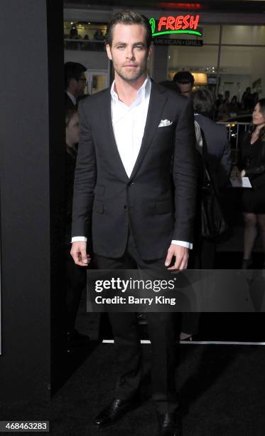 Actor Chris Pine arrives at the Los Angeles Premiere 'Jack Ryan: Shadow Recruit" on January 15, 2014 at TCL Chinese Theatre in Hollywood, California.