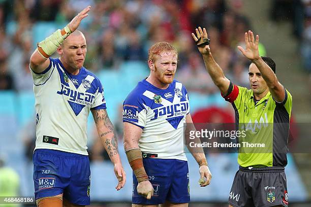 David Klemmer of the Bulldogs reacts after being sent to the sin bin for dissent by referee, Gerard Sutton during the round five NRL match between...