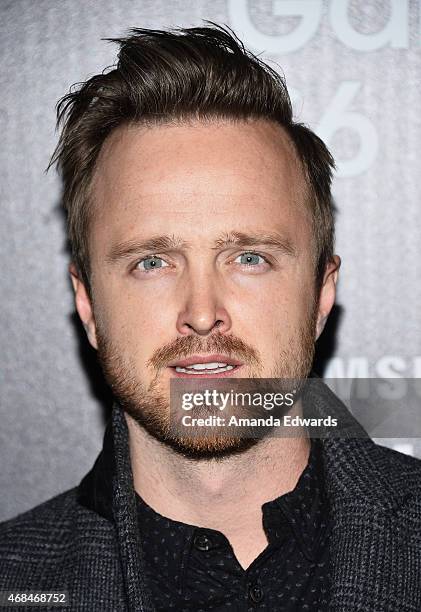 Actor Aaron Paul arrives at the launch of Samsung's Galaxy S 6 and Galaxy S 6 Edge at Quixote Studios on April 2, 2015 in Los Angeles, California.