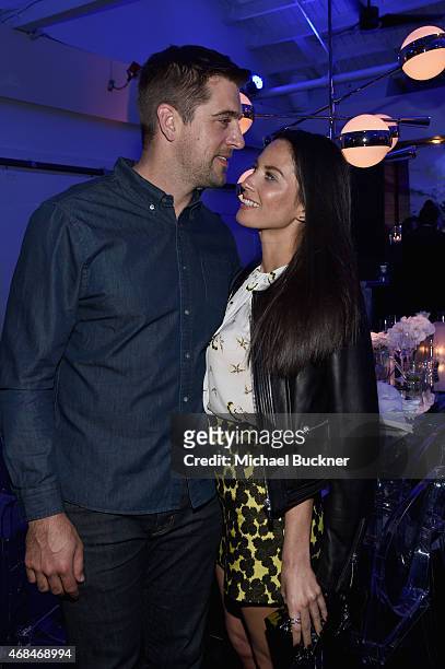 Player Aaron Rodgers and actress Olivia Munn attend the Samsung Galaxy S 6 edge launch on April 2, 2015 in Los Angeles, California.
