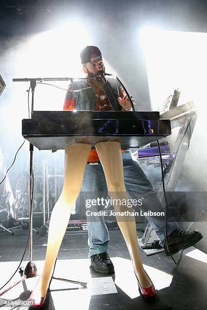 Musician Patrick Gemayel of Chromeo performs during the Samsung Galaxy S 6 edge launch on April 2, 2015 in Los Angeles, California.