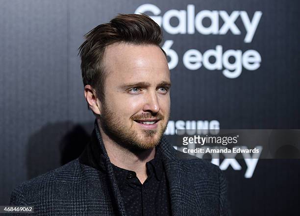 Actor Aaron Paul arrives at the launch of Samsung's Galaxy S 6 and Galaxy S 6 Edge at Quixote Studios on April 2, 2015 in Los Angeles, California.
