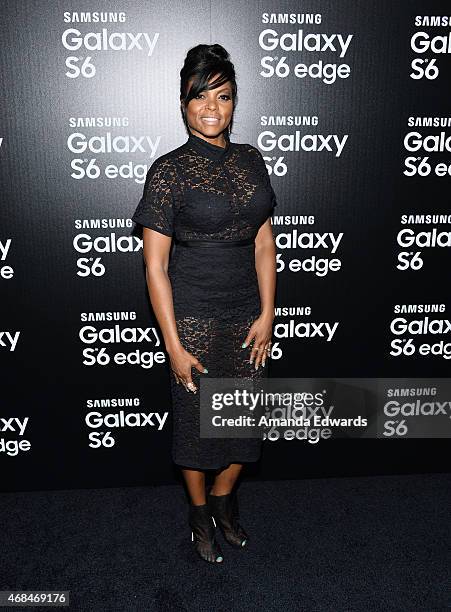 Actress Taraji P. Henson arrives at the launch of Samsung's Galaxy S 6 and Galaxy S 6 Edge at Quixote Studios on April 2, 2015 in Los Angeles,...