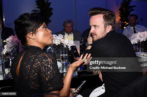 Actress Taraji P. Henson and Aaron Paul attend the Samsung Galaxy S 6 edge launch on April 2, 2015 in Los Angeles, California.