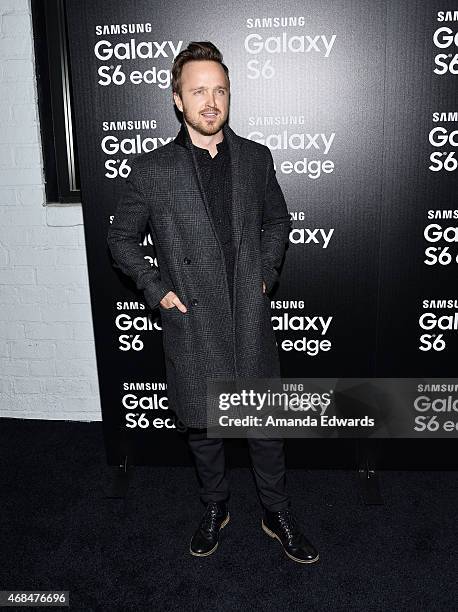 Actor Aaron Paul arrives at the launch of Samsung's Galaxy S 6 and Galaxy S 6 Edge at Quixote Studios on April 2, 2015 in Los Angeles, California.