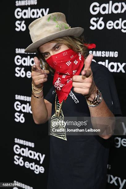 Artist Alec Monopoly attends the Samsung Galaxy S 6 edge launch on April 2, 2015 in Los Angeles, California.