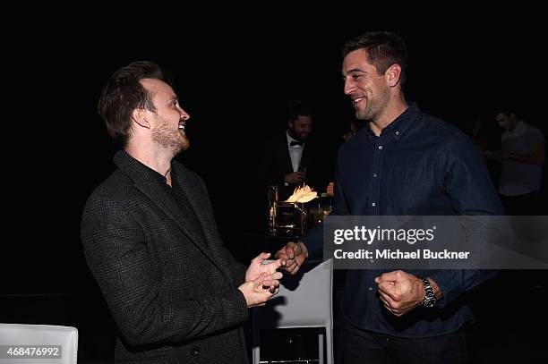 Actor Aaron Paul and NFL player Aaron Rodgers attend the Samsung Galaxy S 6 edge launch on April 2, 2015 in Los Angeles, California.