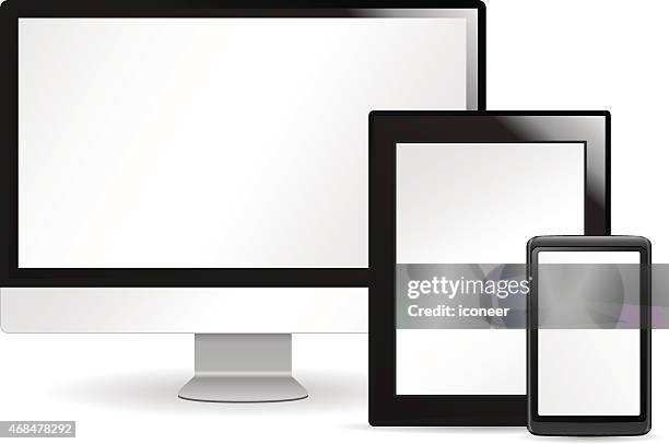 computer screen, smart phone, tablet pc - communication devices - smart mobility stock illustrations