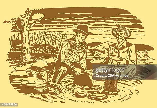 ilustrações de stock, clip art, desenhos animados e ícones de cowboys em torno de fogueira de acampamento em dinnertime - fogueira de acampamento