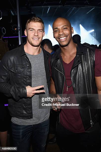 Actors Alan Ritchson and Mehcad Brooks attends the Samsung Galaxy S 6 edge launch on April 2, 2015 in Los Angeles, California.