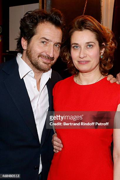 Actors Edouard Baer and Emmanuelle Devos attend 'La Porte a Cote' : Theater Play premiere. Held at Theatre Edouard VII on February 10, 2014 in Paris,...