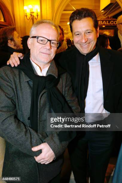 General Delegate of the Cannes Film Festival Thierry Fremaux and humorist Laurent Gerra attend 'La Porte a Cote' : Theater Play premiere. Held at...