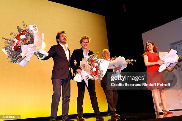 Actor Edouard Baer, autor of the piece Fabrice Roger-Lacan, stage director of the piece Bernard Murat and actress Emmanuelle Devos on stage at the...