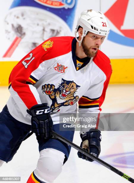 Krys Barch of the Florida Panthers skates during warmup during NHL game action against the Toronto Maple Leafs January 30, 2014 at the Air Canada...