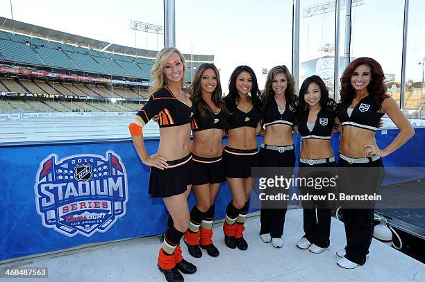Members of both team's Ice Crew pose for a picture before the game between the Los Angeles Kings and the Anaheim Ducks during the 2014 Coors Light...
