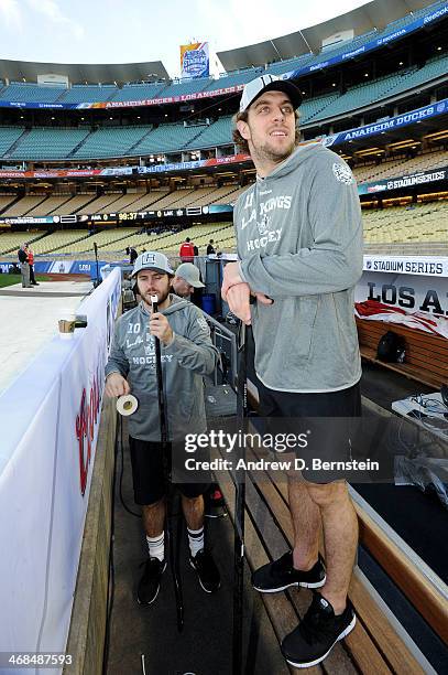 Mike Richards and Anze Kopitar of the Los Angeles Kings prepare for the game against the Anaheim Ducks during the 2014 Coors Light NHL Stadium Series...