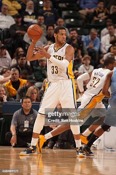 Danny Granger of the Indiana Pacers backs up to the basket against the Denver Nuggets at Bankers Life Fieldhouse on February 10, 2014 in...