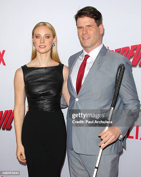 Actress Deborah Ann Woll and E.J. Scott attend the premiere of "Marvel's Daredevil" at Regal Cinemas L.A. Live on April 2, 2015 in Los Angeles,...