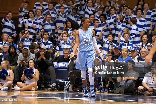 Diamond DeShields of the North Carolina Tar Heels reacts after being called for a foul against the Duke Blue Devils at Cameron Indoor Stadium on...