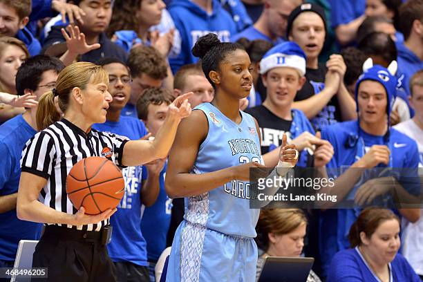 Diamond DeShields of the North Carolina Tar Heels looks on during a stop on play against the Duke Blue Devils at Cameron Indoor Stadium on February...