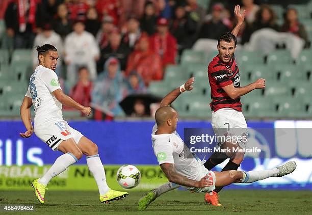 Labinot Haliti of the Wanderers crosses the ball during the round 24 A-League match between the Western Sydney Wanderers and Melbourne City FC at...