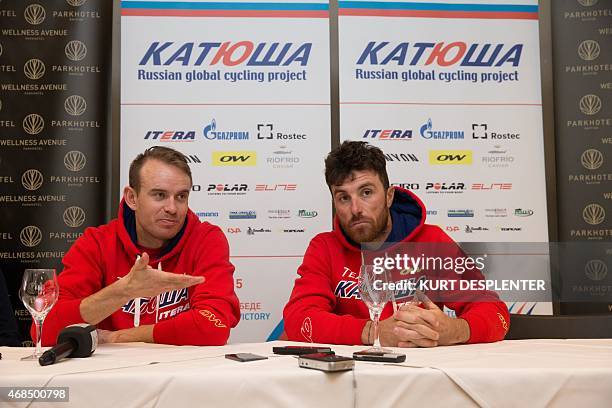 Norvegian cyclist Alexander Kristoff of Team Katusha and Italian cyclist Luca Paolini of Team Katusha hold a press conference of Katusha cycling team...