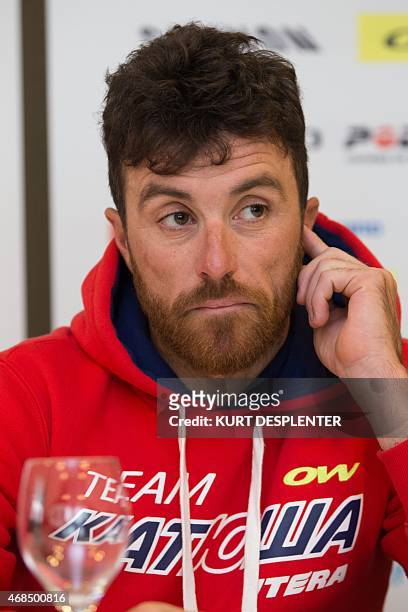 Italian cyclist Luca Paolini of Team Katusha attends a press conference of Katusha cycling team ahead of Sunday's Tour des Flandres cycling race, on...