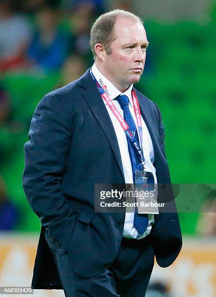 Reds head coach Tony McGahan looks on during the round eight Super Rugby match between the Rebels and the Reds at AAMI Park on April 3, 2015 in...
